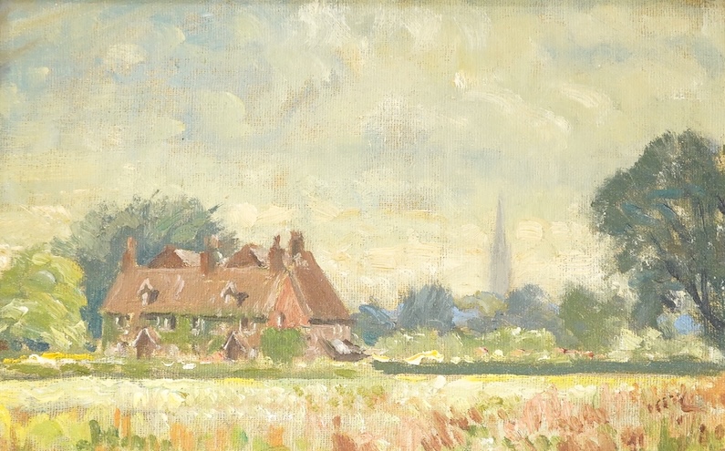David Birch ROI (1895-1968), 'Salisbury from Britford', unsigned, inscribed label verso, oil on canvas board, 13.5 x 21.5cm